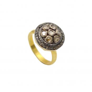 Elegant Sterling Silver Gold plated Diamond Polk Stone Seated  Ring - Stunning Fashion Accessory